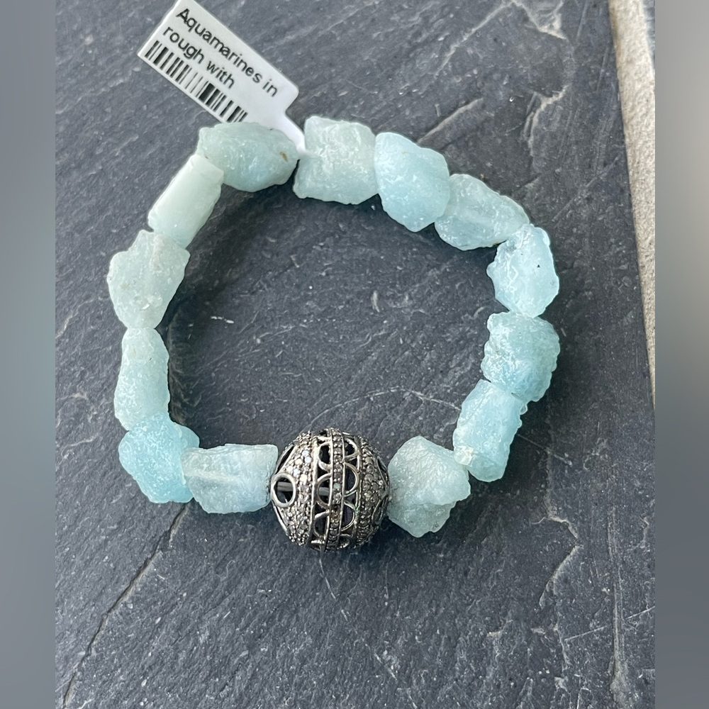 Rough Aquamarine and Silver Diamond Beaded Bracelet 6” long
